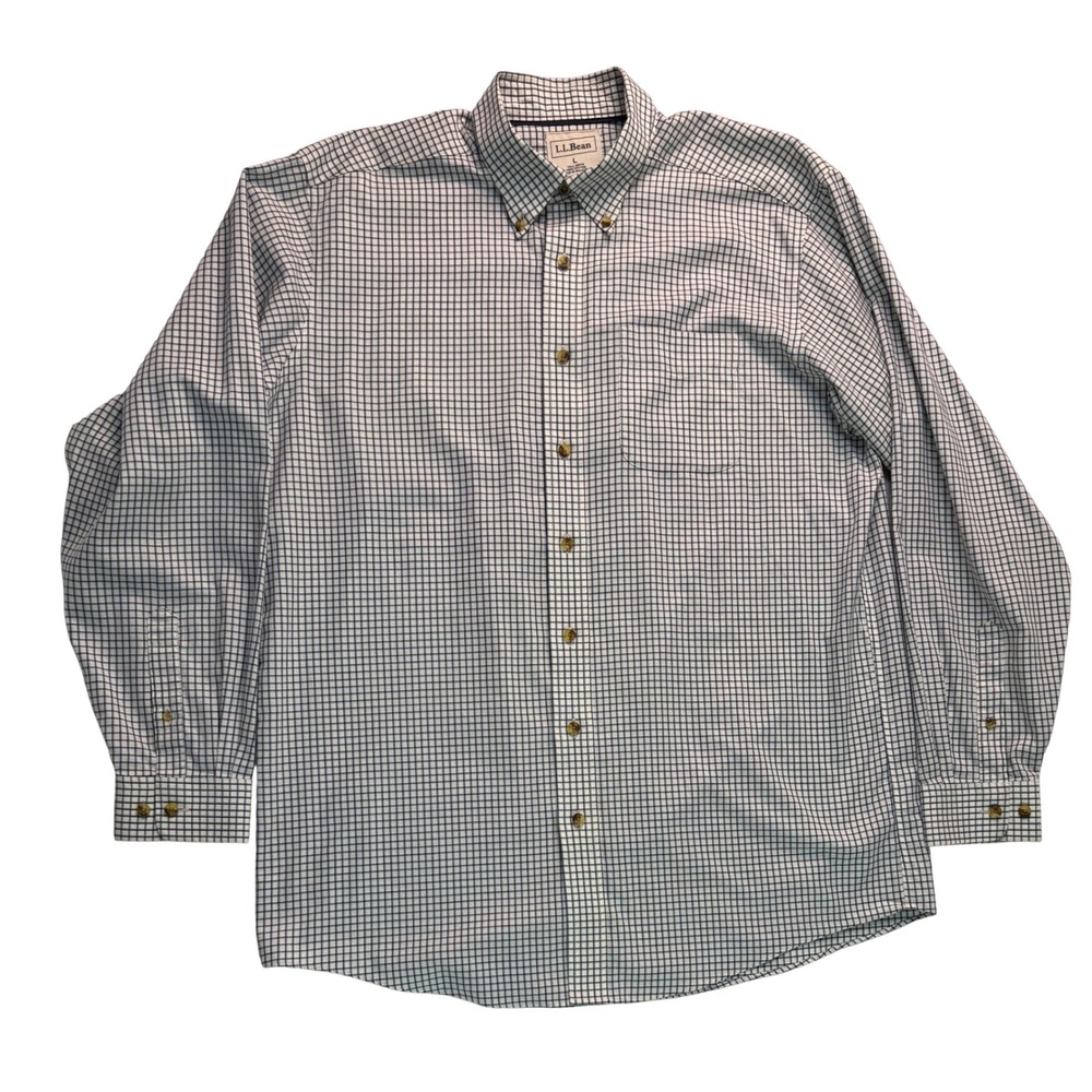 LL Bean Mens Large Tall Blue White Check Cotton Button Down Shirt